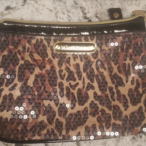 Betsey Johnson Animal Print Sequin Make Up Cosmetic Wristlet Bag rounded bottom. - Picture 1 of 10